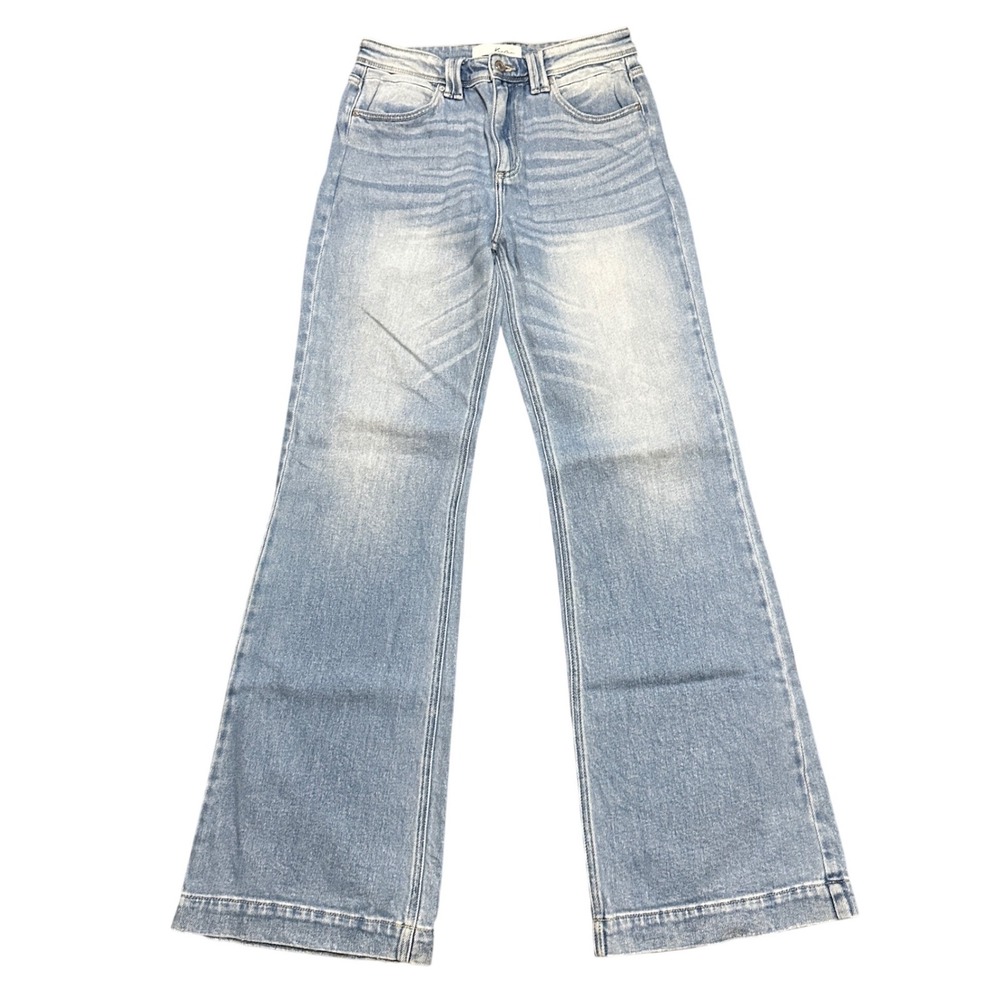 Kancan Holly High Rise Flare Jeans Light Wash Fade Wide Leg 7(29) x33 Whiskering